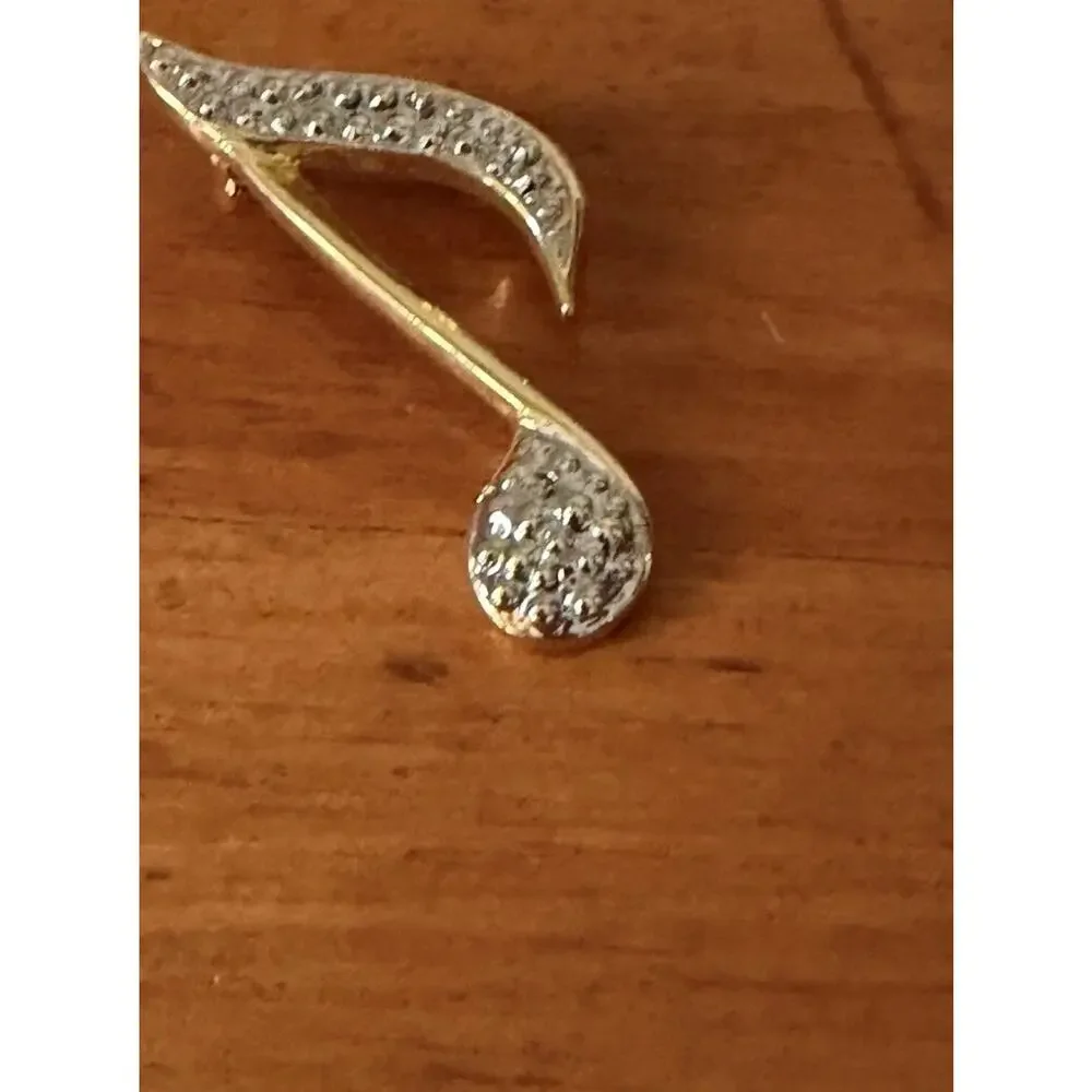 Vintage Gold Tone Musical Note Brooch Rhinestone Eighth Note Music Lover Pin